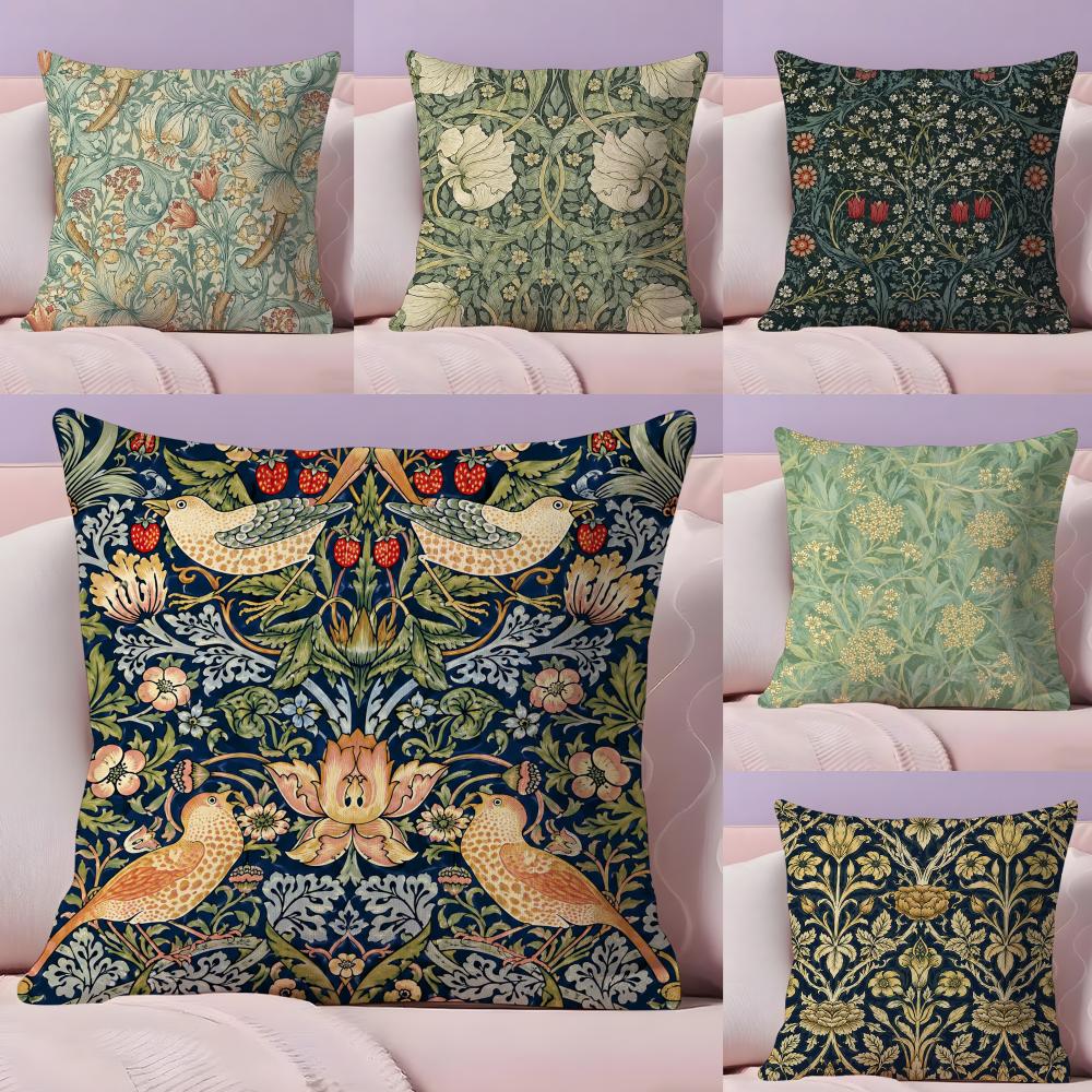 Vintage Floral Pattern Soft Case - ปลอกหมอนอิงลายดอกไม้สไตล์วินเทจ Morris ผ้ากำมะหยี่เนื้อนุ่ม พิมพ์ลายสองด้าน สำหรับโซฟาในบ้าน คุณภาพสูง